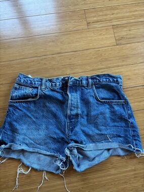 Reformation Blue Denim Frayed Hem High-Rise Shorts